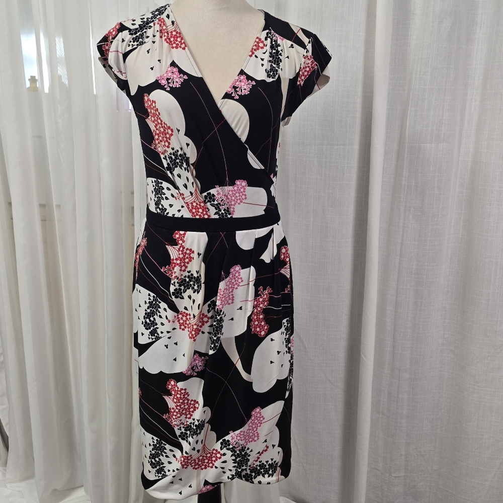 2/$30 Y2K New York &‎ Co Faux Wrap Black Floral Midi Dress Womens Size M